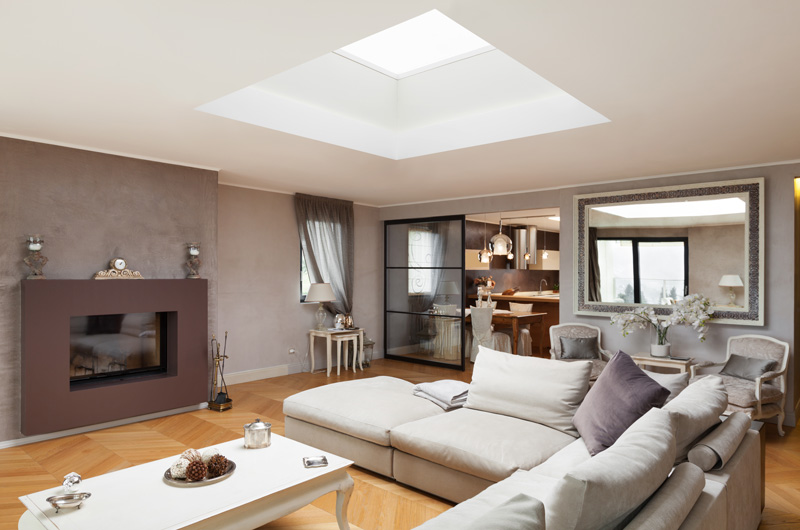 The skylight in the ceiling brings in natural light and brightens the living room