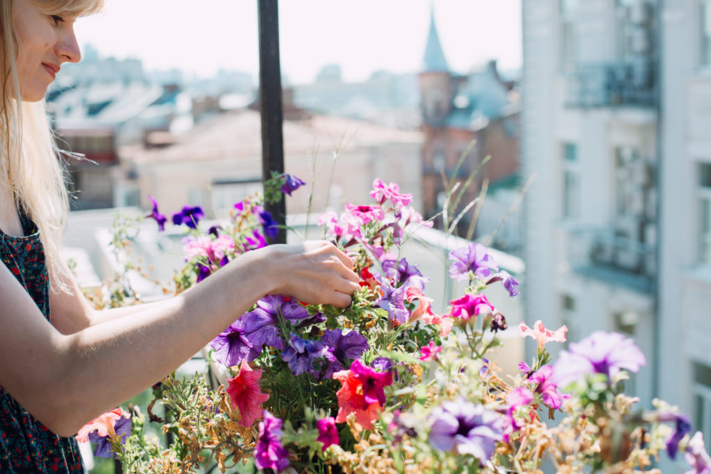 eine Frau, die sich auf ihrem von der Sonne beleuchteten Balkon um ihre Blumen kümmert