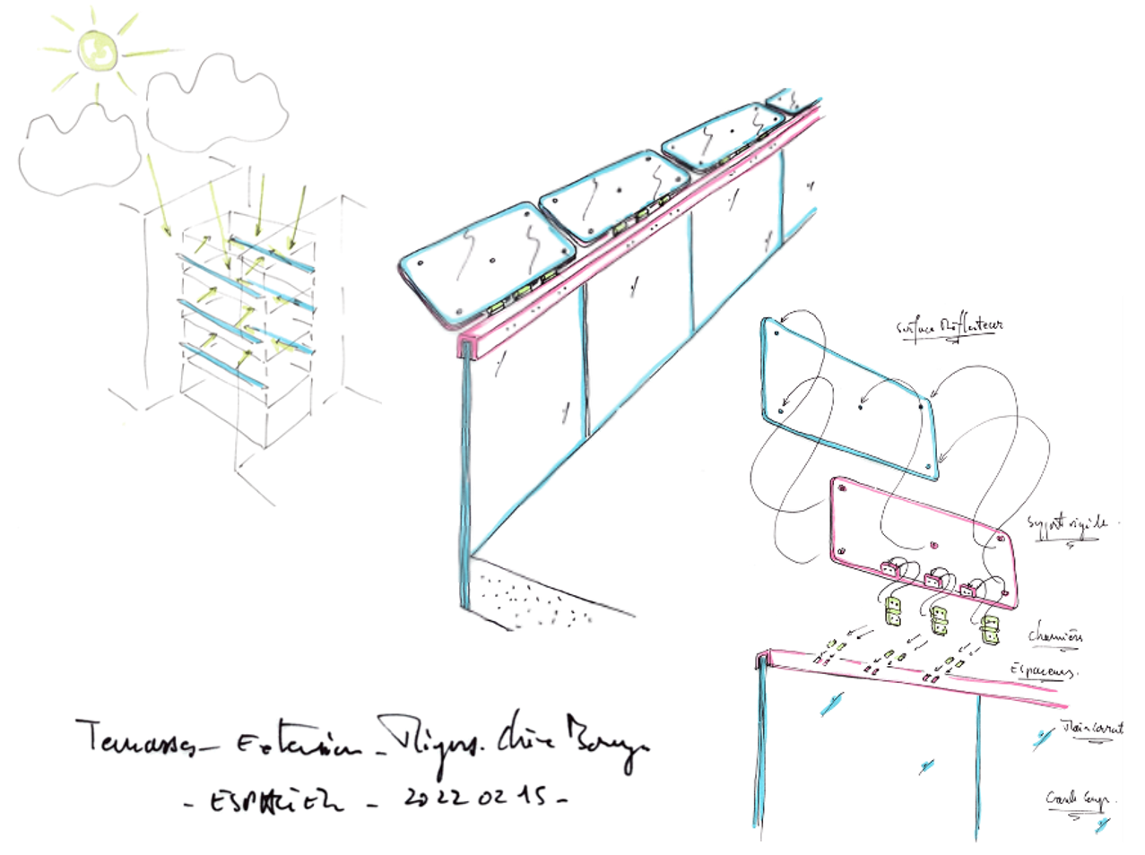 Espaciel sketch with reflector drawings and building