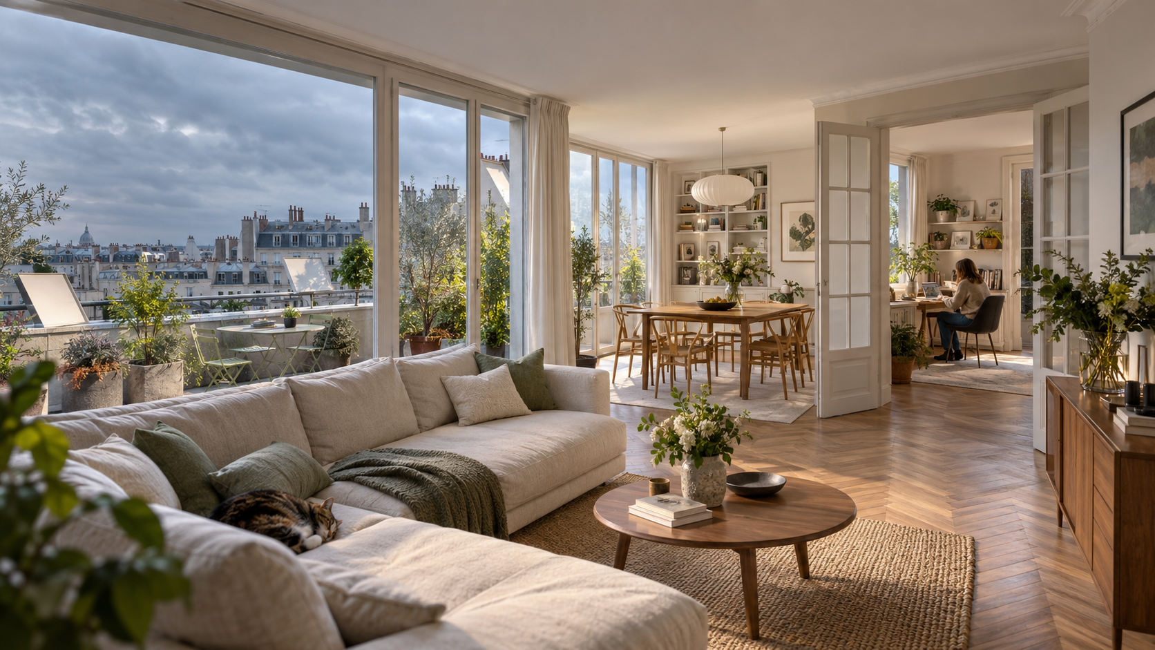 Maison lumineuse équipée de solutions Espaciel sous un ciel d’automne
