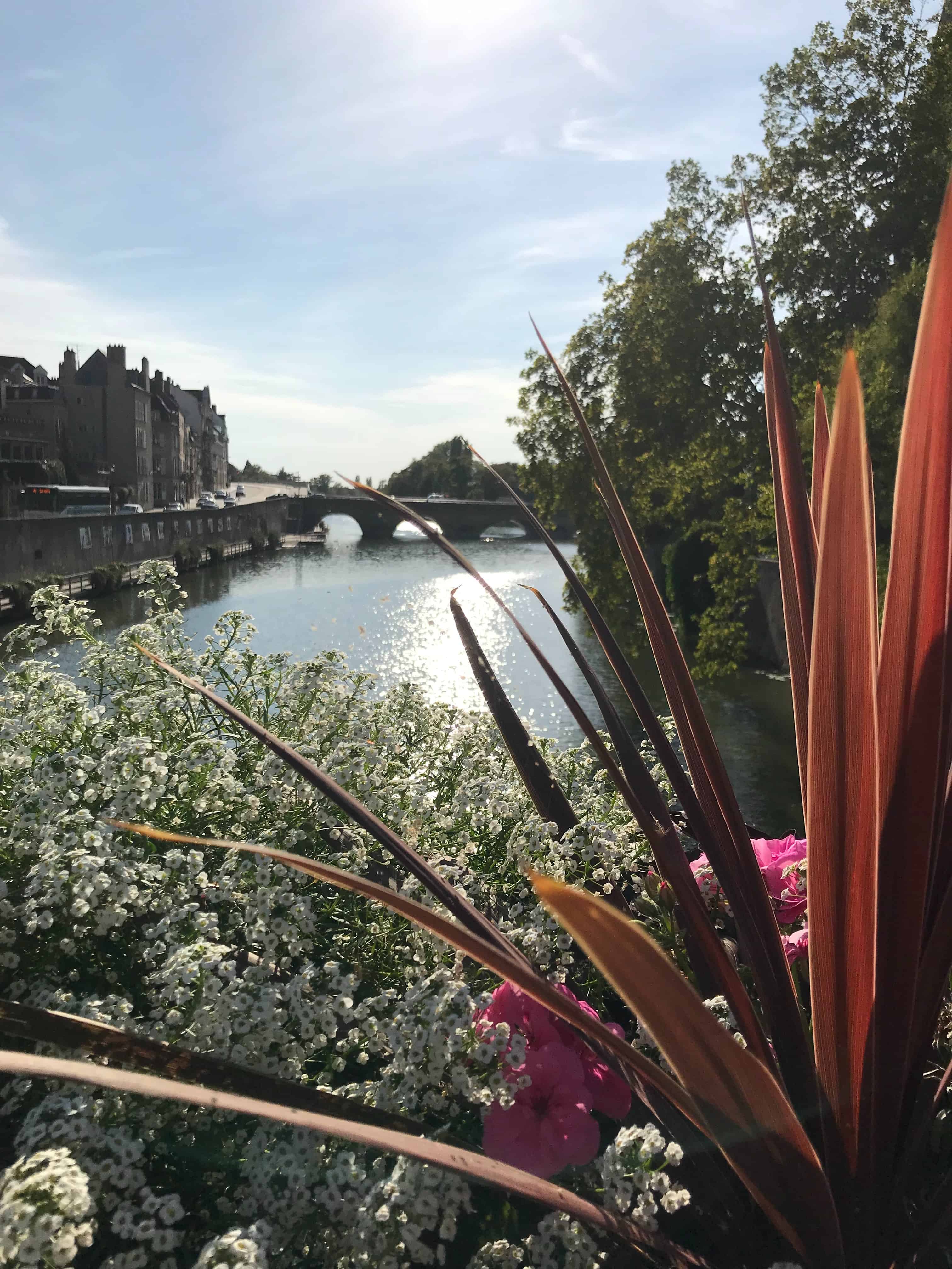 La rivière Moselle et en arrière le centre de Metz qui compte de nombreuses maisons de ville à l'ombre
