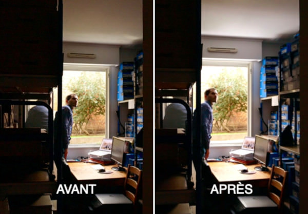 effet avant après avec le Réflecteur Fenêtre Espaciel un bel apport en lumière naturelle dans son bureau en rez-de-jardin