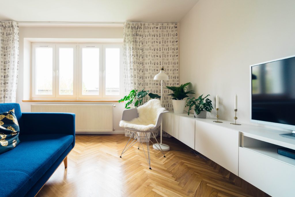 a living room lit by a single light source