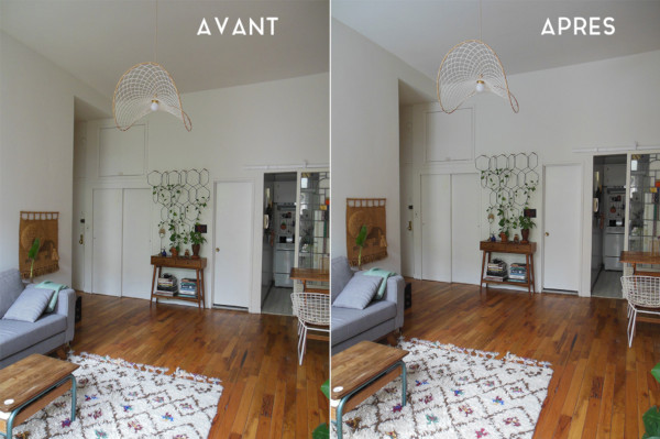avant après de son appartement à New York avec le réflecteur espaciel réel apport en lumière naturelle dans la pièce