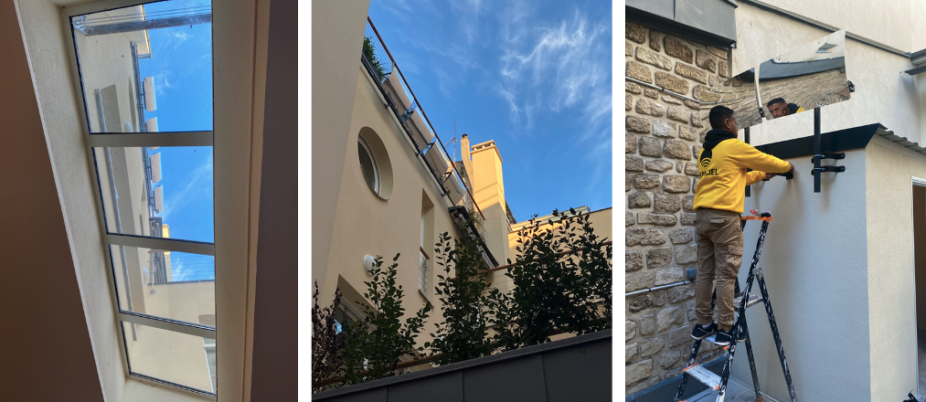 4 Réflecteurs Espaciel font descendre le soleil dans la verrière du patio. D'autres Réflecteurs Espaciel projettent la lumière du ciel dans les logements attenants.